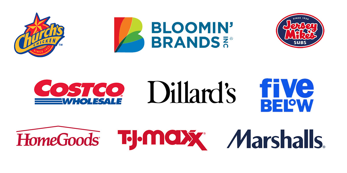 Brands include Church's Chicken, Costco, Bloomin' Brands, Jersey Mikes, Dillard's, Five Below, HomeGoods, TJ Maxx, and Marshalls.